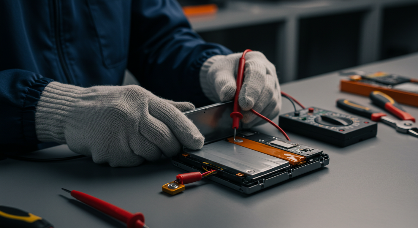 How to Store Li-ion Batteries for Reliability & Safety A technician checking the charge of a lithium ion battery pack - How to Store Li-ion Batteries for Reliability & Safety