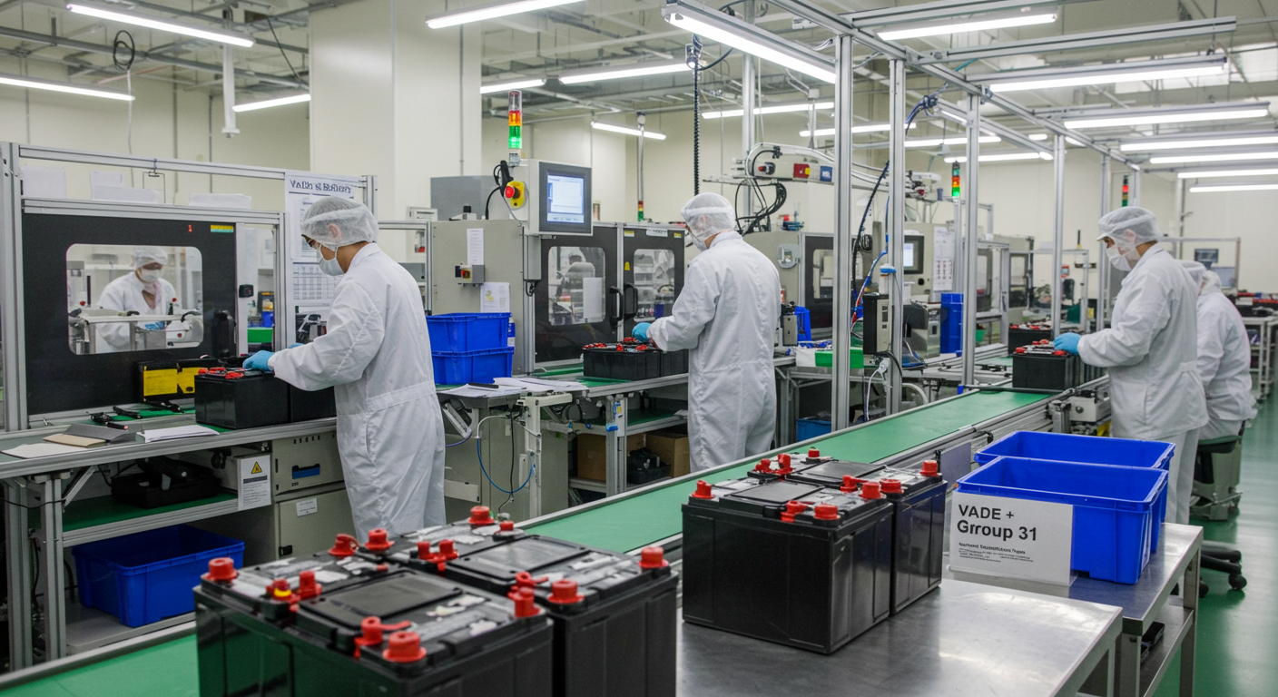 Group 31 Batteries: Dimensions, LiFePO4 & UL 2580-Certified Options Vade Battery assembly line with quality checked Group 31 units - Group 31 Batteries: Dimensions, LiFePO4 & UL 2580-Certified Options